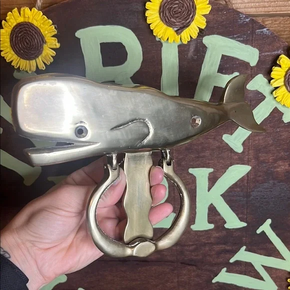 Vintage Brass Whale Door Knocker Outside Decor Home Nautical Sea Fish Ocean MCM - Picture 1 of 7